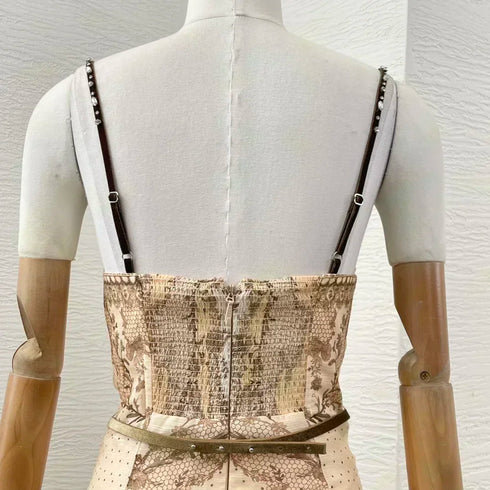 Elegant Floral Print Linen Silk Cut Out Strapless Midi Dress for Women